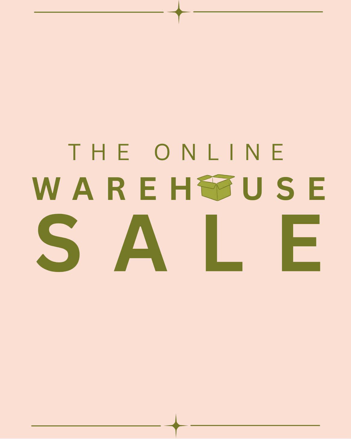 Promotional text for an online warehouse sale on a beige background